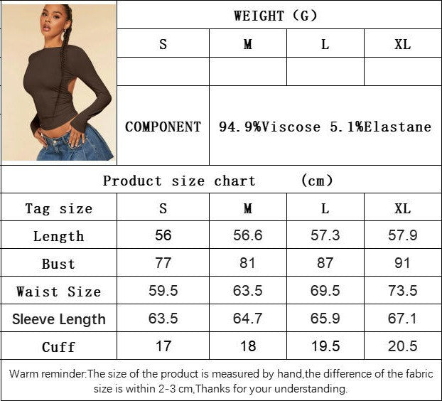Women's Backless Long Sleeve Crop Top Sexy Slim Fit Crew Neck T Shirt