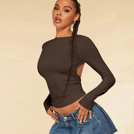 Women's Backless Long Sleeve Crop Top Sexy Slim Fit Crew Neck T Shirt