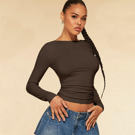 Women's Backless Long Sleeve Crop Top Sexy Slim Fit Crew Neck T Shirt