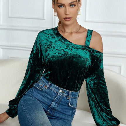 Womens Velvet Long Sleeve Tops Cold Shoulder Sexy Casual T-Shirts