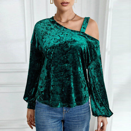 Womens Velvet Long Sleeve Tops Cold Shoulder Sexy Casual T-Shirts
