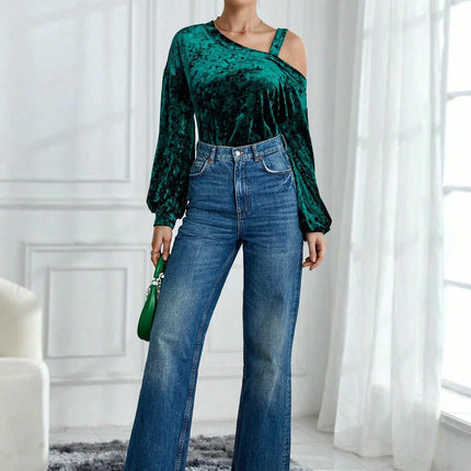 Womens Velvet Long Sleeve Tops Cold Shoulder Sexy Casual T-Shirts