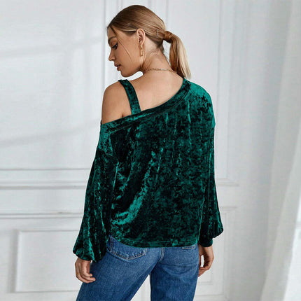 Womens Velvet Long Sleeve Tops Cold Shoulder Sexy Casual T-Shirts