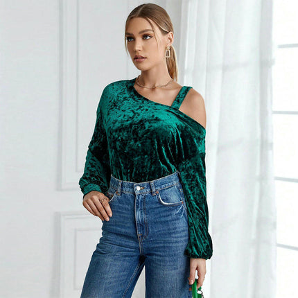 Womens Velvet Long Sleeve Tops Cold Shoulder Sexy Casual T-Shirts