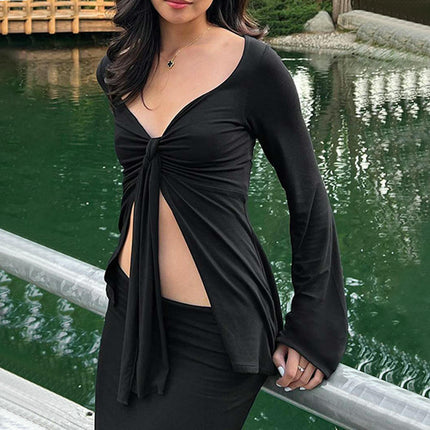 Women Sexy Sweetheart Neck Tops Tie Open Front Split Long Sleeve T Shirts