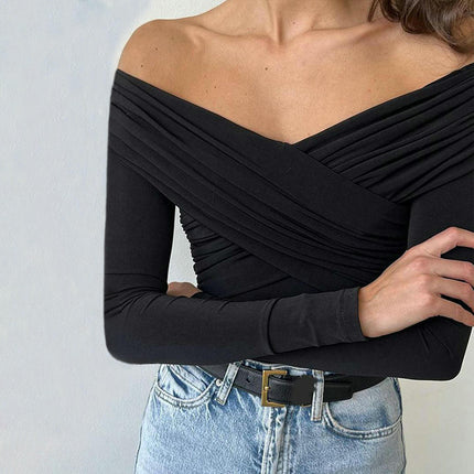 Women's Sexy Off The Shoulder Tops Long Sleeve Wrap Ruched Long Sleeve T Shirt