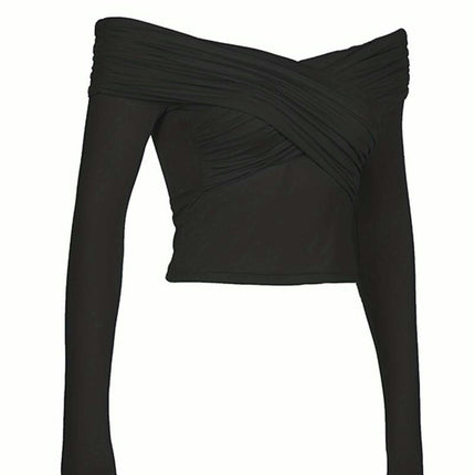 Women's Sexy Off The Shoulder Tops Long Sleeve Wrap Ruched Long Sleeve T Shirt