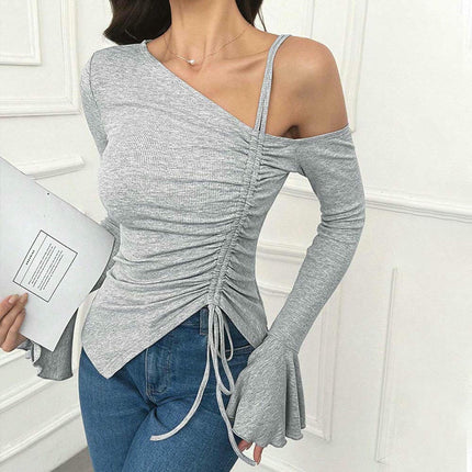 Womens Ruffle Long Sleeve Shirts Off The Shoulder Drawstring Ruched Slim Fit Crop Tops
