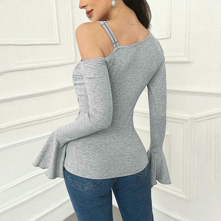 Womens Ruffle Long Sleeve Shirts Off The Shoulder Drawstring Ruched Slim Fit Crop Tops