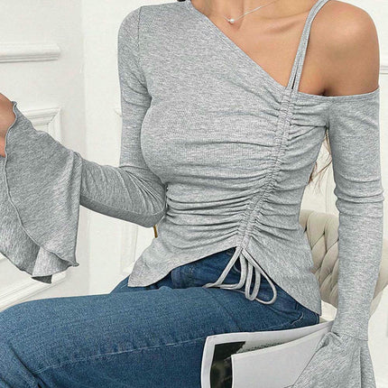 Womens Ruffle Long Sleeve Shirts Off The Shoulder Drawstring Ruched Slim Fit Crop Tops
