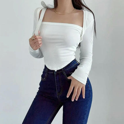 Women Long Sleeve Crop Tops Shirts Square Neck Tight Fitted Going Out T-Shirt