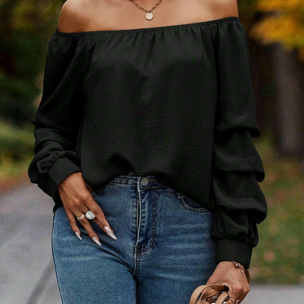 Women's Off Shoulder Ruched Long Sleeve Casual Loose Tops Blouse Shirt