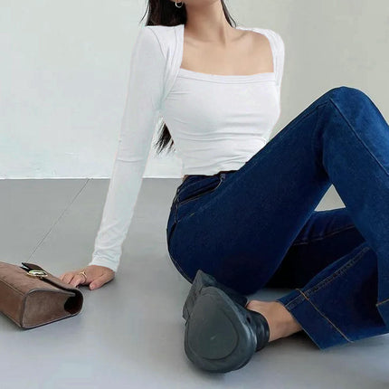 Women Long Sleeve Crop Tops Shirts Square Neck Tight Fitted Going Out T-Shirt