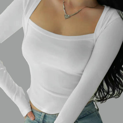 Women Long Sleeve Crop Tops Shirts Square Neck Tight Fitted Going Out T-Shirt