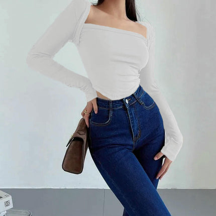 Women Long Sleeve Crop Tops Shirts Square Neck Tight Fitted Going Out T-Shirt