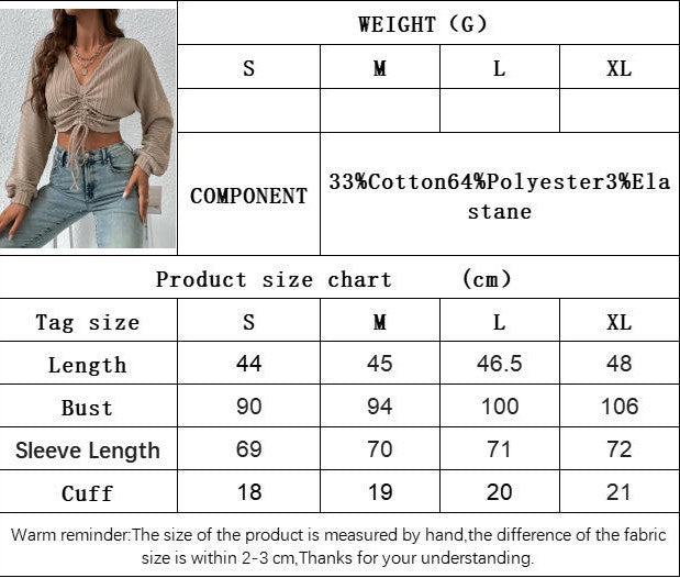Women's Drawstring V Neck Ruched Lantern Long Sleeve Crop Top Blouse