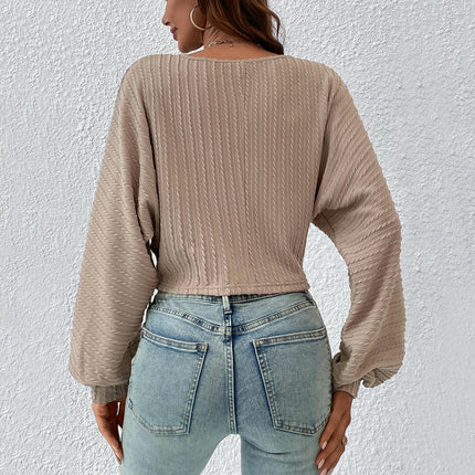 Women's Drawstring V Neck Ruched Lantern Long Sleeve Crop Top Blouse