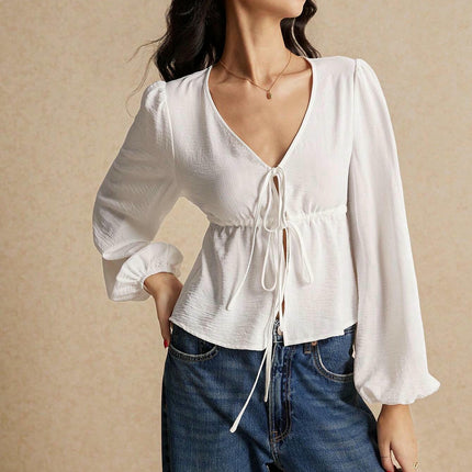 Women's Sexy V Neck Tie Open Front Long Sleeve Crop Top Blouse