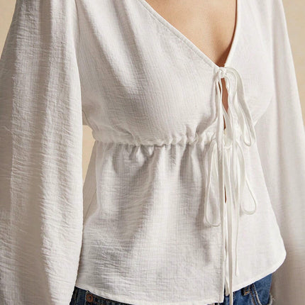 Women's Sexy V Neck Tie Open Front Long Sleeve Crop Top Blouse