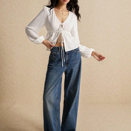 Women's Sexy V Neck Tie Open Front Long Sleeve Crop Top Blouse
