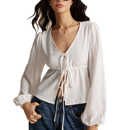 Women's Sexy V Neck Tie Open Front Long Sleeve Crop Top Blouse