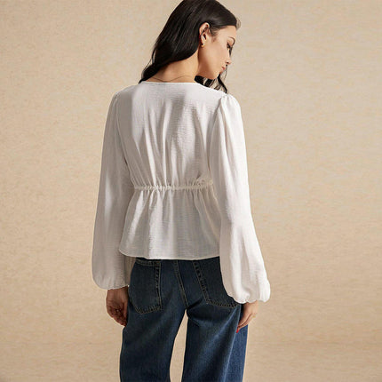 Women's Sexy V Neck Tie Open Front Long Sleeve Crop Top Blouse