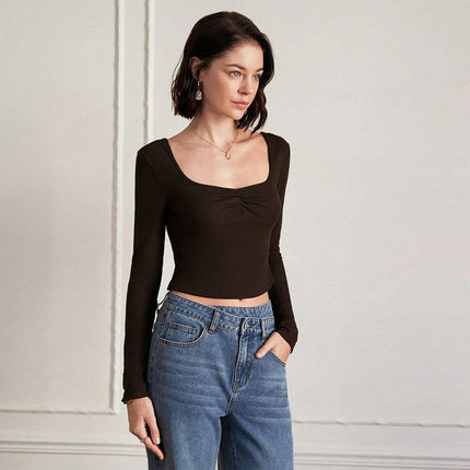 Women Sexy Sweetheart Neck Shirt Long Sleeve Backless Crop Tops Going Out T Shirt