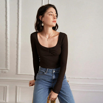 Women Sexy Sweetheart Neck Shirt Long Sleeve Backless Crop Tops Going Out T Shirt