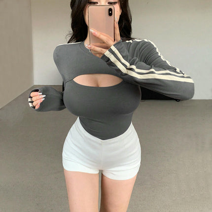 Women's Long Sleeve Crop Top Sexy Crew Neck Cutout Slim Fit Tee Shirt