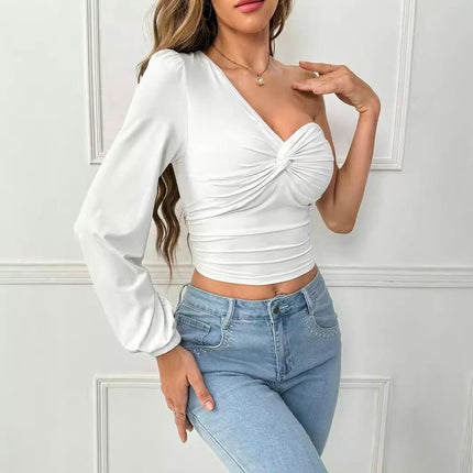 Off The Shoulder Crop Tops for Women Long Sleeve Slim Fit Twist Front Going Out Shirts