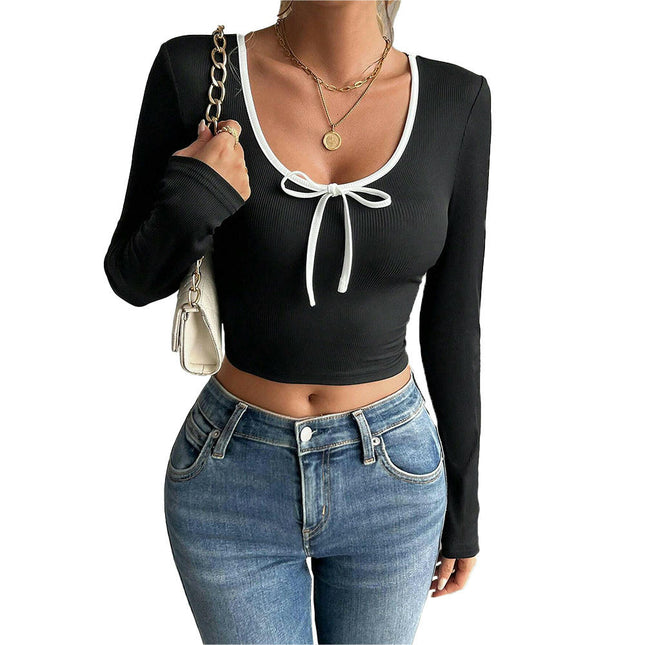 Women's Colorblock Bow Scoop Neck Shirts Long Sleeve Slim Fit Crop Top