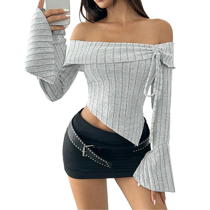 Women's Off The Shoulder Bell Long Sleeve Top Asymmetrical Hem Knit Blouse