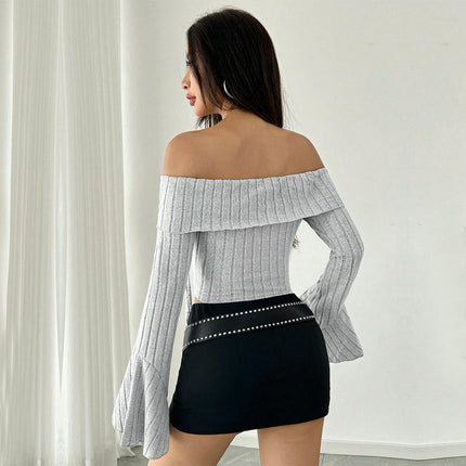 Women's Off The Shoulder Bell Long Sleeve Top Asymmetrical Hem Knit Blouse