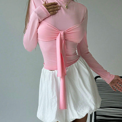 Women's Casual Long Sleeve Crew Neck Tie Front Slim Fit Going Out Tops Tshirt