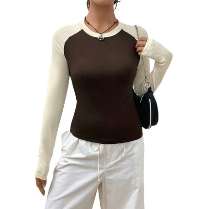 Women's Long Sleeve Crew Neck T Shirts Slim Fit Color Block Crop Tops