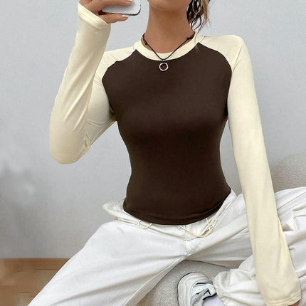 Women's Long Sleeve Crew Neck T Shirts Slim Fit Color Block Crop Tops