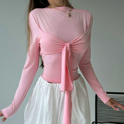 Women's Casual Long Sleeve Crew Neck Tie Front Slim Fit Going Out Tops Tshirt