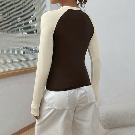 Women's Long Sleeve Crew Neck T Shirts Slim Fit Color Block Crop Tops
