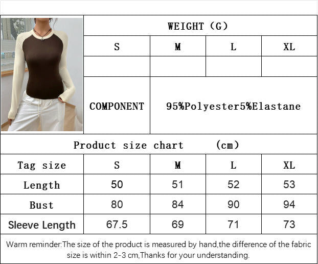 Women's Long Sleeve Crew Neck T Shirts Slim Fit Color Block Crop Tops