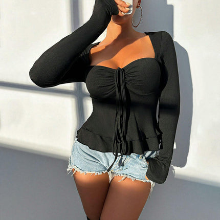 Women's Sexy Sweetheart Neck Tie Front T Shirts Long Sleeve Ruffle Hem Crop Top
