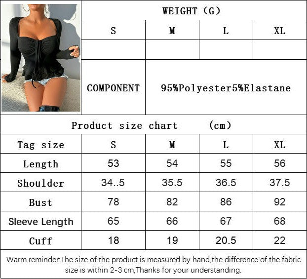 Women's Sexy Sweetheart Neck Tie Front T Shirts Long Sleeve Ruffle Hem Crop Top