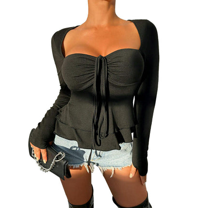 Women's Sexy Sweetheart Neck Tie Front T Shirts Long Sleeve Ruffle Hem Crop Top