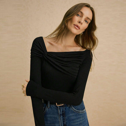 Women's Long Sleeve Asymmetric Neck Going Out Crop Tops Sexy Twist Front Slim T-Shirt