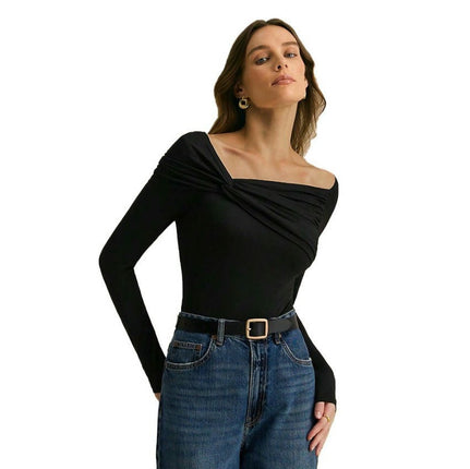 Women's Long Sleeve Asymmetric Neck Going Out Crop Tops Sexy Twist Front Slim T-Shirt