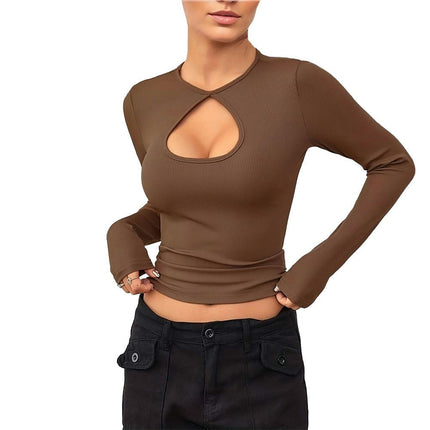 Women's Cut Out T Shirts Long Sleeve Crew Neck Casual Slim Fitted Going Out Crop Tops