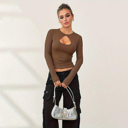 Women's Cut Out T Shirts Long Sleeve Crew Neck Casual Slim Fitted Going Out Crop Tops