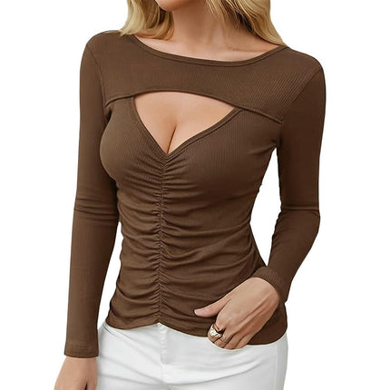 Women's Cutout Tops Long Sleeve Round Neck Ruched Slim Fit T-Shirts