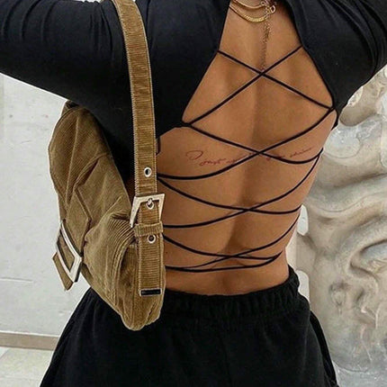 Women's Sexy Backless Crisscross Lace Up Back T-Shirts Long Sleeve Mock Neck Slim Fitted Crop Top