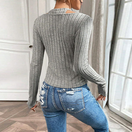 Women's Sexy Halter Lightweight Ribbed Knit Top Long Sleeve Cut Out Slim Fit T Shirt