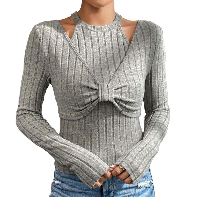 Women's Sexy Halter Lightweight Ribbed Knit Top Long Sleeve Cut Out Slim Fit T Shirt